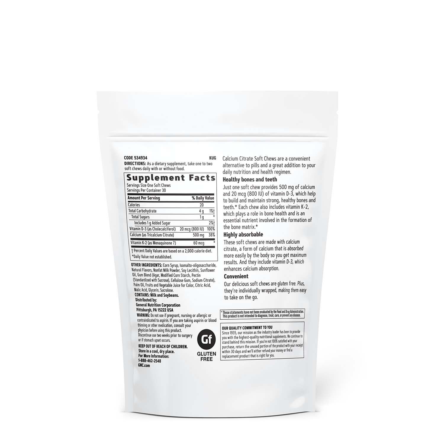 Calcium Citrate 500 mg - Berries & Cream Flavor - 30 Soft Chews (30 Servings)